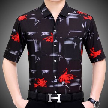 夏季新款高端桑蠶絲短袖襯衫男士印花薄款寬松襯衣潮上衣免燙休閑