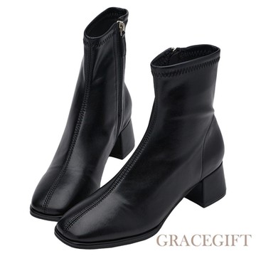【Grace Gift】柔美曲線方頭車線中跟襪靴 黑