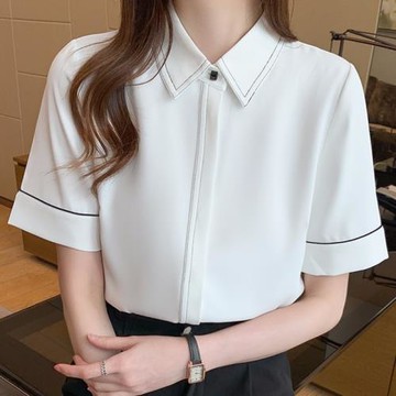 白色襯衫女短袖職業正裝夏季氣質雪紡上衣高級感時尚寬松面試襯衣