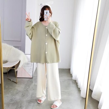 泡泡格簡約加厚大碼開衫睡衣女春秋長袖長褲寬松胖MM200斤家居服