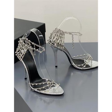 氣質名媛風絕美細跟高跟鞋女2024新款尖頭露趾一字帶水鉆鏈條涼鞋