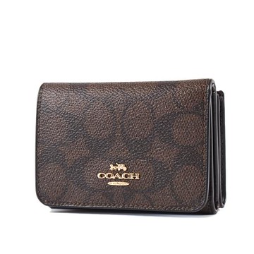 COACH 緹花LOGO防刮可拆式三折短夾/零錢包-咖啡色