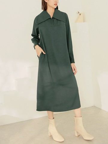 大翻領長袖純色質感長洋裝