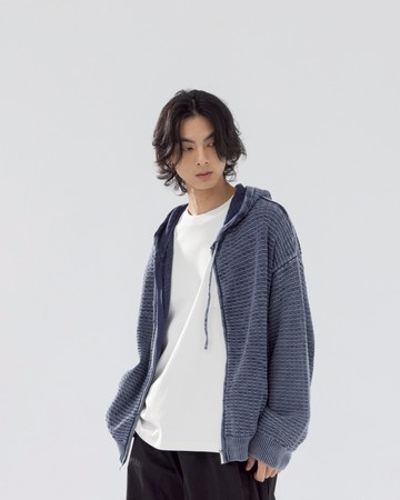 男裝 仿舊設計寬版連帽針織外套-藍 M/L