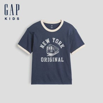 【GAP】兒童寬鬆版New York撞色T恤-復古深藍(907755)