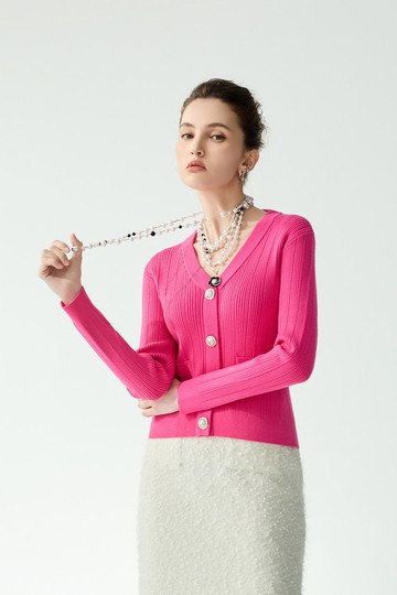 金屬飾釦V領坑條針織單品