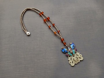 老白玉蝴蝶琺瑯 手工編結項鍊 – 古董老玉石 / 設計品