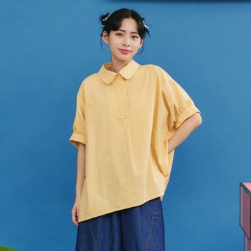 【Dailo】圓點緹花可愛泡泡袖寬鬆短袖襯衫 藍 白 黃