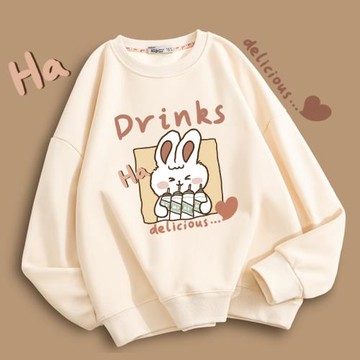 米白色奶系衛衣女生套頭早春秋薄款初中學生圓領無帽正肩長袖上衣