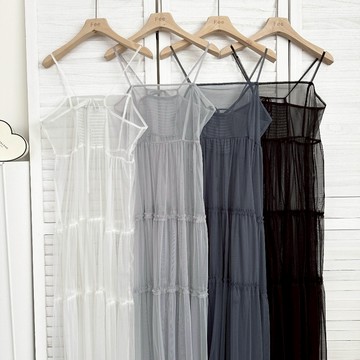 【Fee隔日到貨4色】透膚荷葉邊傘襬細肩長外罩🔥蛋糕型透膚罩衫 薄紗吊帶長洋 網紗細肩帶紗裙 疊穿 透膚