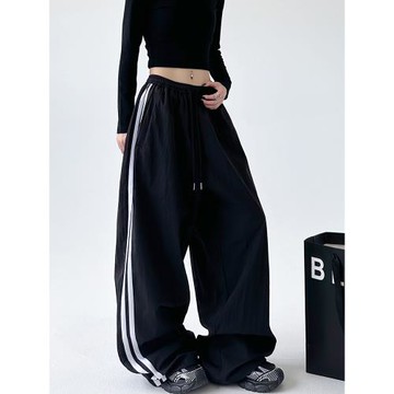 春秋新款2025工裝褲女休閑闊腿美式拼接側邊條黑色運動闊腿長褲子