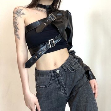 WEEKEEP 金屬調節扣百搭帥氣單肩皮衣女PU皮不對稱設計感修身外套