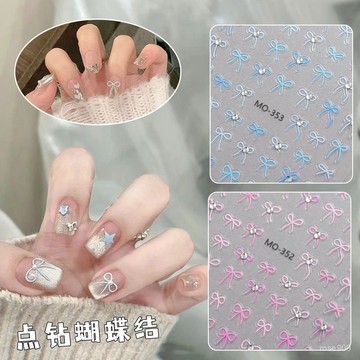 ✨Hannah✨晶鑽珍珠蝴蝶結美甲貼紙春夏秋冬爆款帶鑽粉藍晶鑽蝴蝶結背膠貼花美甲貼 2J65