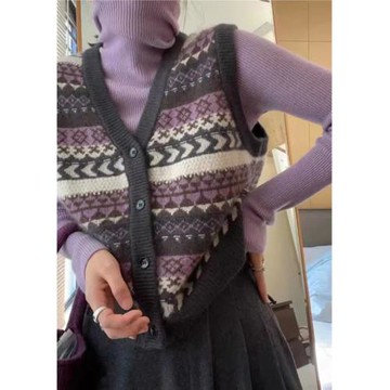 韓系溫柔減齡疊穿v領針織馬甲女秋冬洋氣復古費爾島坎肩毛衣背心