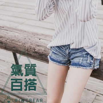 涼爽率性刷破水波紋皺褶感側邊亮片牛仔熱褲(牛仔藍S-7L) 眼圈熊 中大尺碼 R66