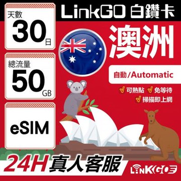 LINKGO白鑽卡 澳洲 eSIM卡 30天上網卡 總流量50GB 高速流量(澳洲網卡 雪梨 布里斯本 墨爾本)