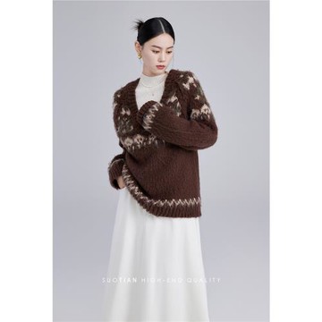 【告別款 賣完不補】所甜咖色廓形毛衣女設計毛感寬松套頭針織衫