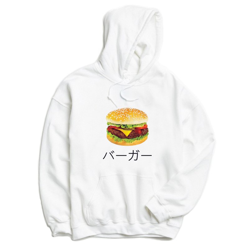 Japanese-Burger前圖款 長袖刷毛連帽T 中性版 白色 漢堡 吐司 日文 日語 麵包 早餐 食物 奶油 設計 自創 品牌