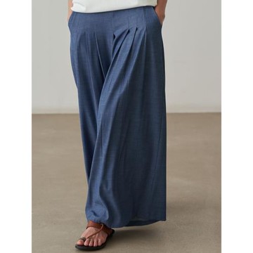 慵懶氣質通勤百搭后松緊腰壓褶休閑褲2025夏高腰藍色A字大擺褲裙