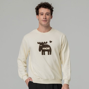 moz瑞典 毛巾繡愛心駝鹿 100%純棉 大學T-奶油白(亞洲版) 男款