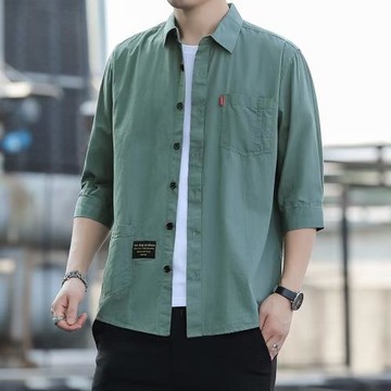 純棉春秋季新款襯衫男士翻領七分袖夾克修身簡約百搭青年襯衣外套