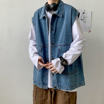 秋季情牛仔甲男生松克版潮流ins袖坎肩工背心外套