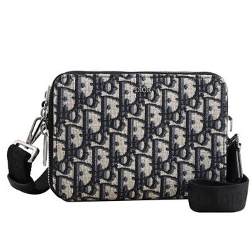 Christian Dior Oblique 滿版緹花LOGO雙層斜背拉鍊小包(深藍)