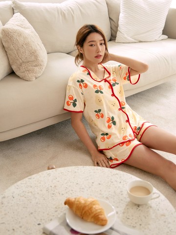 可愛櫻桃小熊印花牛奶棉滾邊睡衣套組