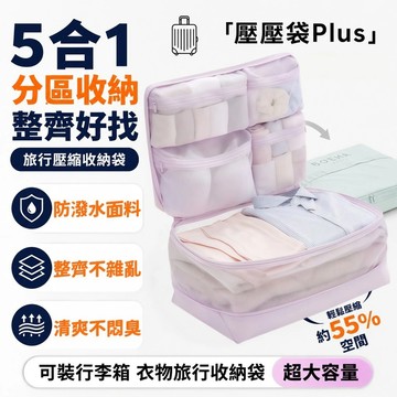 現貨🏆隔日到貨 5合1旅行壓縮收納袋 韓式網紗收納袋 免抽氣 分隔收納 出差旅便攜收納袋 拉鏈行李袋 衣物整理 防水耐髒