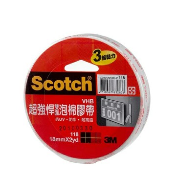 3M 118 超強悍 VHB 雙面泡棉膠帶 18mm (3倍黏力)【APP滿額下單10%點數(單一帳號最高1000點)】4/30止
