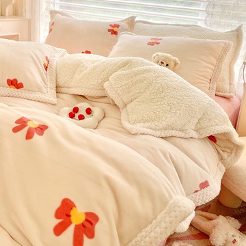 ins風牛奶羊羔絨四件套加厚雙面絨保暖法蘭絨床品珊瑚絨被套床單4