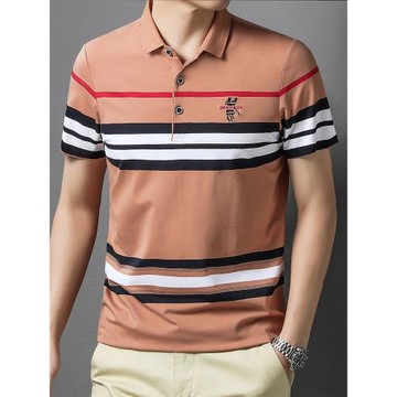 純棉條紋短袖t恤男刺繡寬松翻領夏季t恤大碼男士休閑薄款全棉上衣