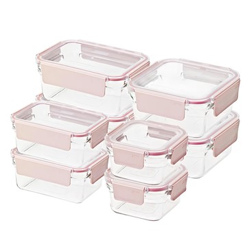 Glasslock 強化玻璃微波保鮮盒8入組 440ml x 2 + 1130ml x 2 + 700ml x 2 + 1020ml x 2  櫻花粉晶透款  1組