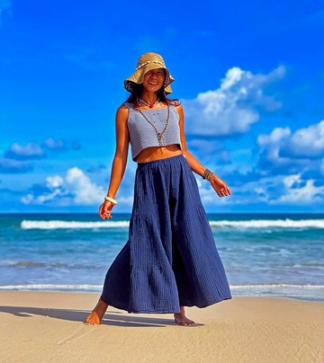 女藍褲，棉藍褲，寬鬆藍褲，藍條紋褲