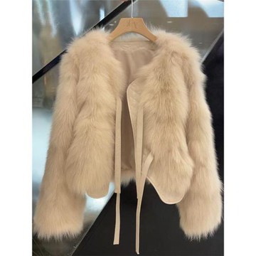 仿狐貍毛拼接皮草外套女冬歐貨爆款系帶毛毛皮衣短款環保毛派克服