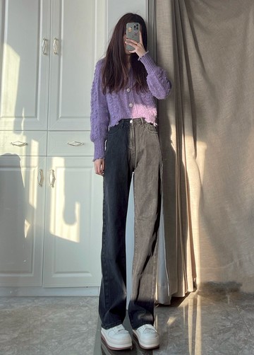 黑灰色高腰牛仔褲女年秋季新款港風顯瘦百搭寬松直筒闊腿長褲