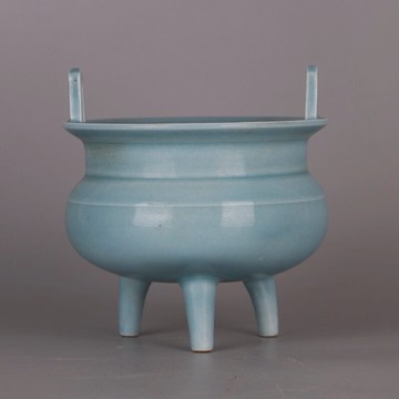 大清 雍正年藍釉三足香爐鼎 仿古全手工瓷器古典客廳裝飾收藏擺件