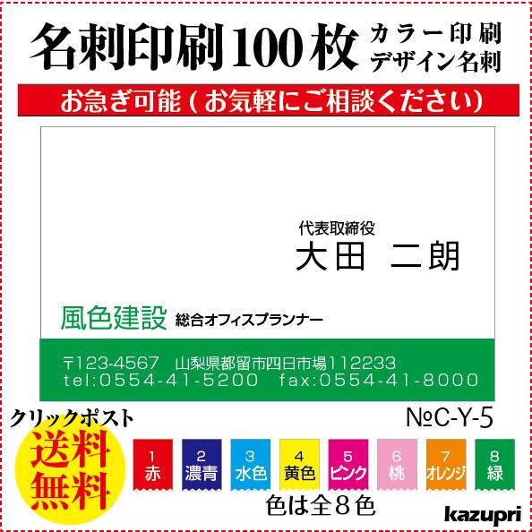 名刺 印刷 作成 激安 ビジネスカラー シンプル 100枚 送料無料 c-y-5