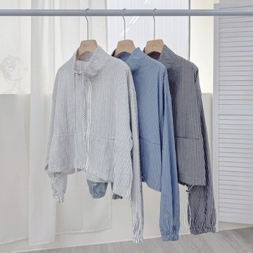 【Fee隔日到貨3色】直條翻領綁帶拉鏈外套🔥襯衫外套 翻領條紋 拉鍊短外套 女性外套 防風外套