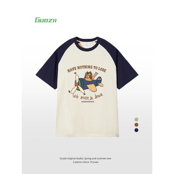 Guozii卡通動漫插肩袖短袖t恤女男拼色寬松oversize小眾純棉上衣