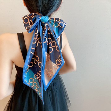 發帶絲巾女藍色百搭春秋領巾薄裝飾寬長條圍巾搭西裝腰帶襯衫