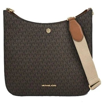 【全新福利品】MICHAEL KORS BRILEY 金屬LOGO滿版MK印花釦式斜背包.咖