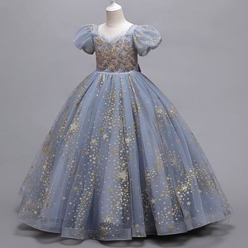 中大女童禮服長款連衣裙女孩花童公主裙亮片網紗連衣裙主持人禮服