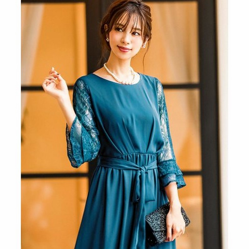 Fashion Letter レース ロング 結婚式 ワンピース ドレス パーティードレス ウエストベルト ウエストリボン お呼ばれ 女子会 披露宴 二次会 袖あり 体型カバー 大人 きれいめ マキシ ワンピ 上品 フォーマル レディース ネイビー カラードレス ブラウン M レディース 通販