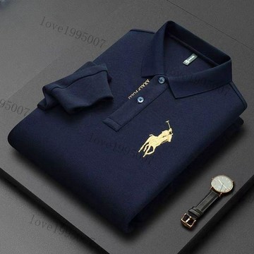 男士長袖T恤刺繡大碼POLO衫潮流翻領中青年純色上衣男士POLO長袖男士長袖上衣 男士長袖 寬鬆POLO衫 休閒打底上衣