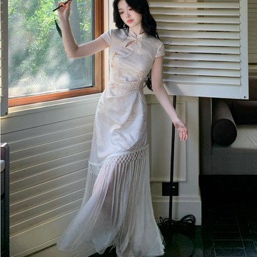 【桃喜Rich女裝】夏季新中式文藝小清新不規則流蘇假兩件旗袍連身裙 復古長裙 國風洋裝 杏色旗袍 短袖旗袍 舞會洋裝