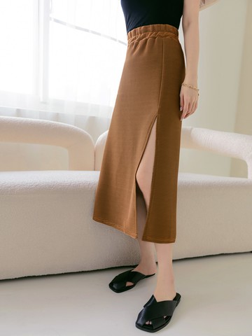 微性感彈力坑條腰鬆緊開衩A字中長裙