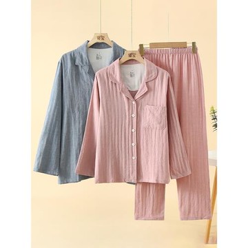 日系情侶純棉紗布睡衣女春秋長袖開衫男士全棉外貿無印家居服套裝