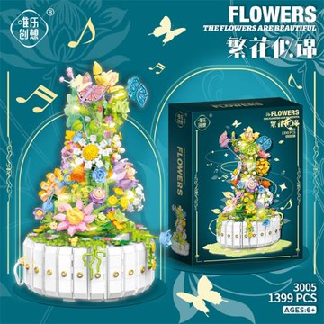 旋轉八音盒積木唯樂創想3005繁花似錦永生花女孩生日禮物擺件玩具