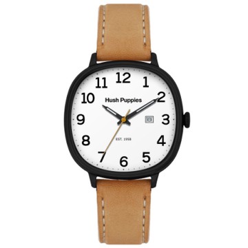 Hush Puppies 美式經典皮革手錶(HP3878)-黑殼x白/44 mm